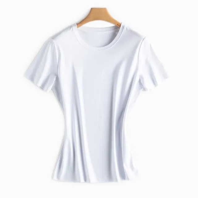 Mulberry Silk Women's Mercerized Cotton T shirt Fine Solid Color Round Neck Short Sleeves White - Shop at LoveMi