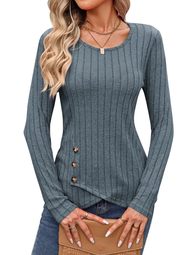 Waist Tight Tight Round Neck Tight Long sleeved Top Gray Blue - Shop at LoveMi