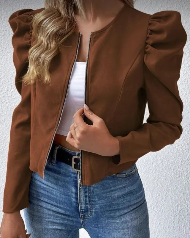 Round Neck Cardigan Zipper Bubble Long Sleeve Coat Women's Clothing Dark Brown - Shop at LoveMi