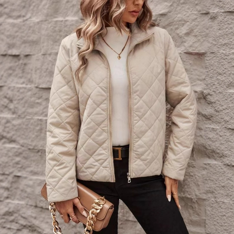 Womens Solid-color Long-sleeve Lapel Diamond-pattern Loose-fitting Coat