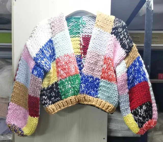 Retro Contrast Color Rainbow Plaid Handmade Versatile Cardigan Sweater For Women Rainbow Color - Shop at LoveMi