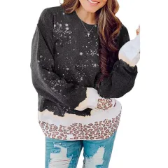 New Leopard Splicing Loose Sweater Women's European And American Outer Cap Tie-dye - Black - View 1