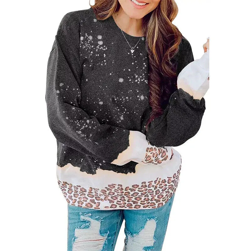New Leopard Splicing Loose Sweater Women's European And American Outer Cap Tie-dye - Black