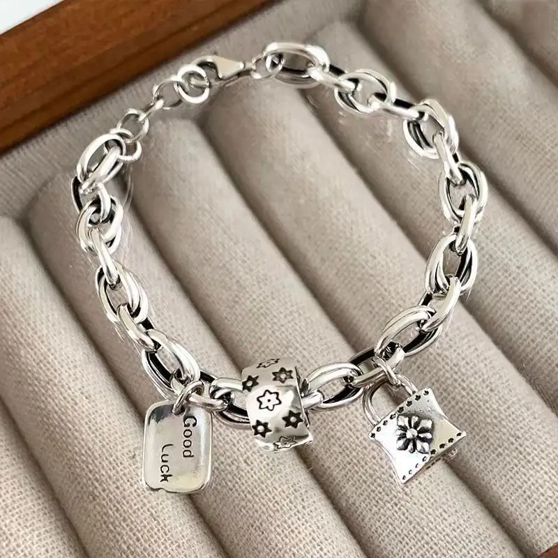 Vintage Presbyopic Lock Head New Year Distressed Hip Hop Pendant Bracelet