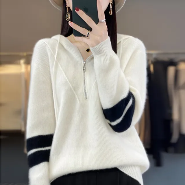 Hooded Zipper Thickening Knitwear Women's Color Matching Sweater White - Shop at LoveMi