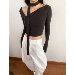 Fashionable Sunken Stripe Diagonal Buckle Design Korean Style Irregular With Personality Top Sweater - Dark Grey - View 1