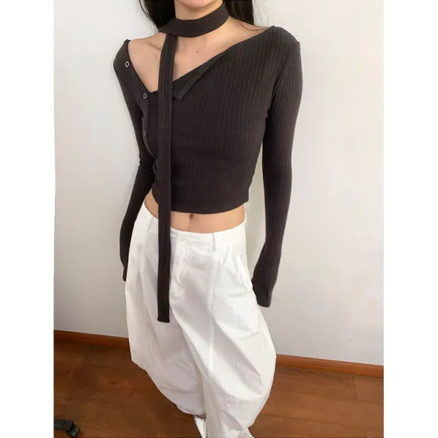 Fashionable Sunken Stripe Diagonal Buckle Design Korean Style Irregular With Personality Top Sweater Dark Gray - Shop at LoveMi
