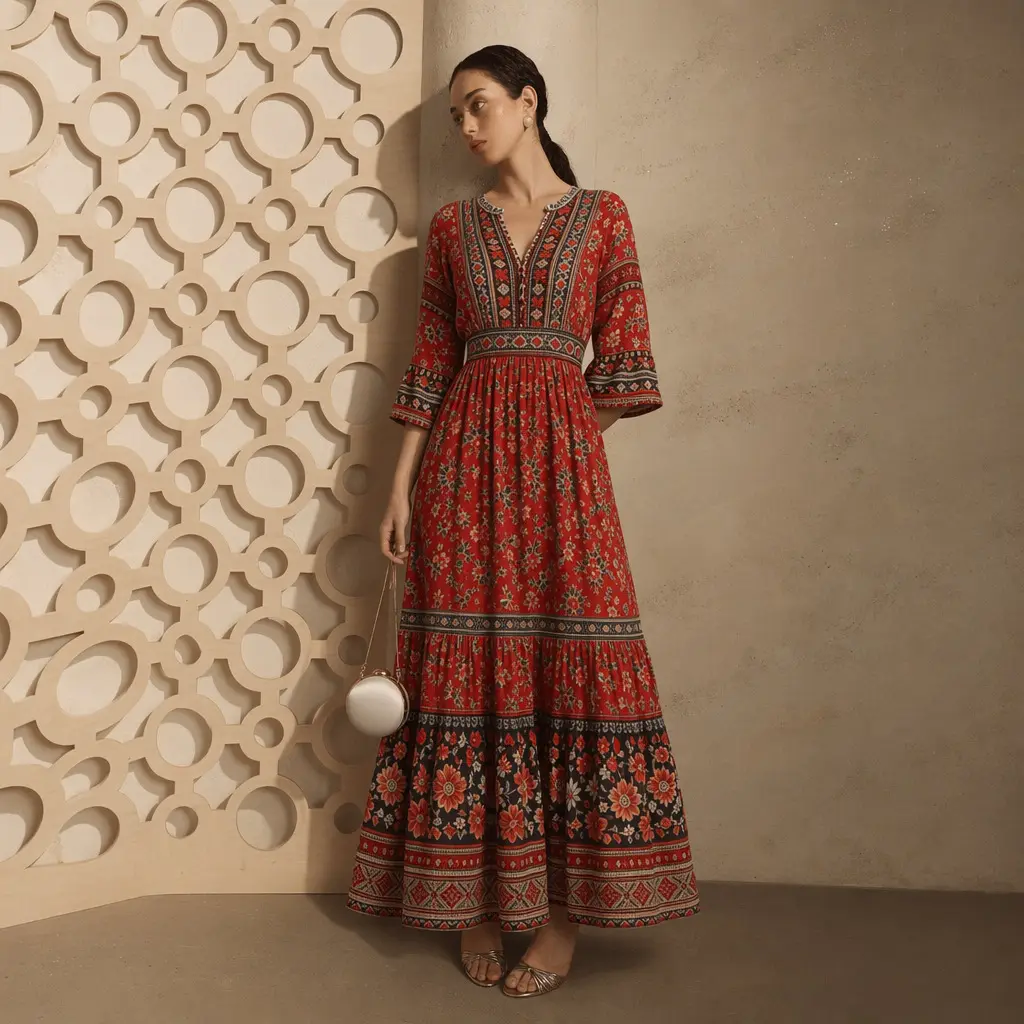 Womens Retro Floral V-Neck Waist-Cinching Dress
