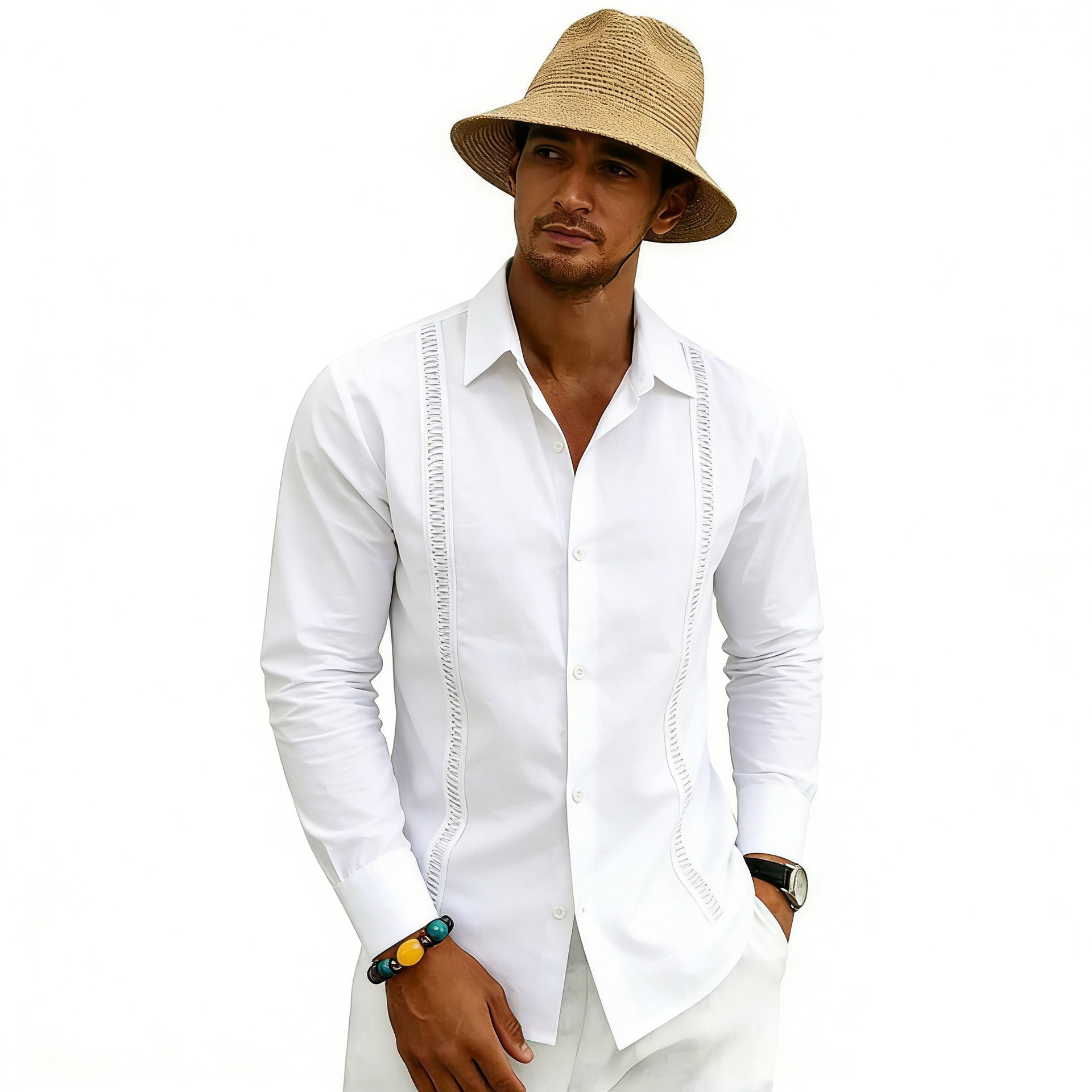 Men's Fashionable Trendy Casual Long-Sleeve Button-Down Beach Shirt Henry Style