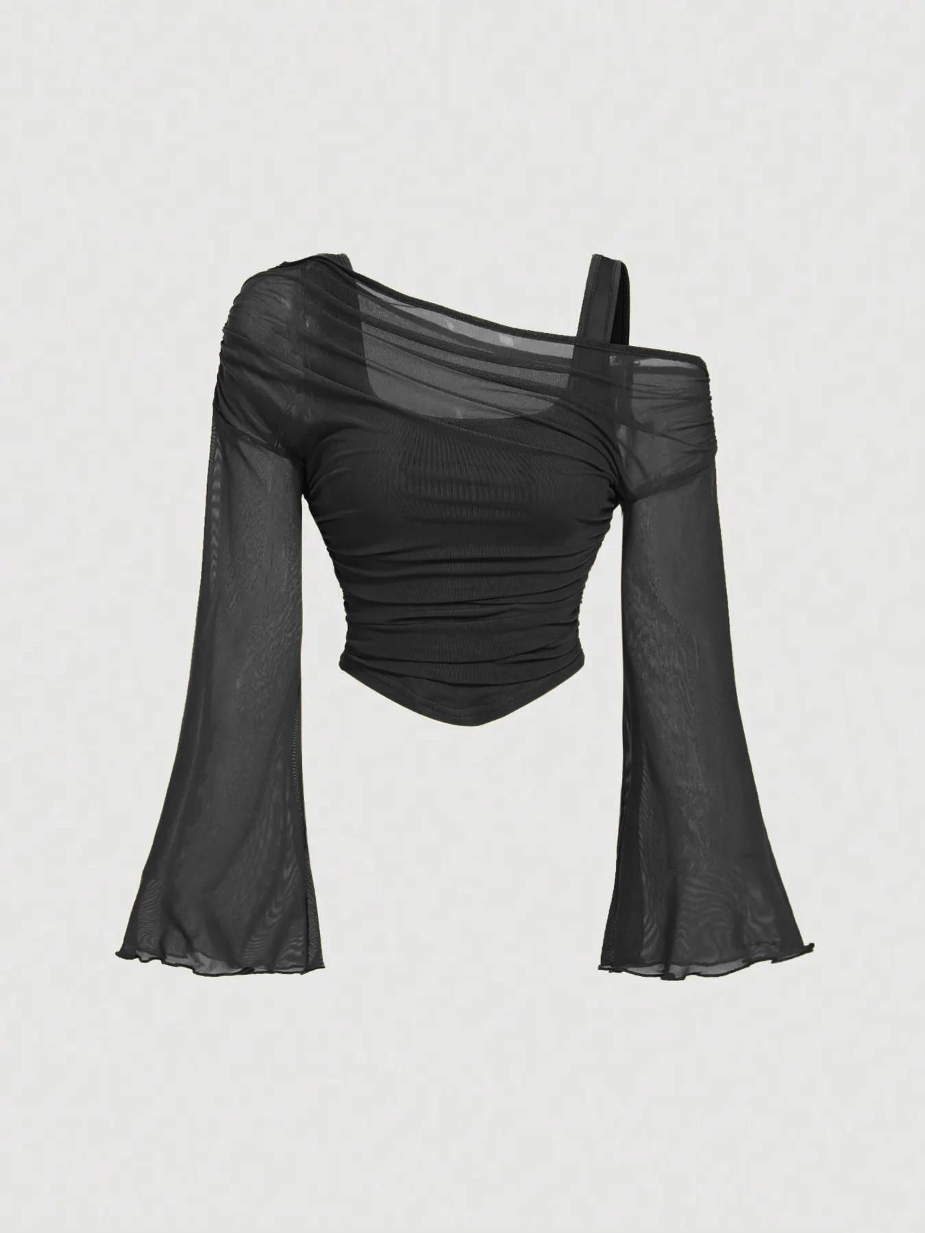 Women's slim fit knit top – black colorway full outfit lifestyle shot
