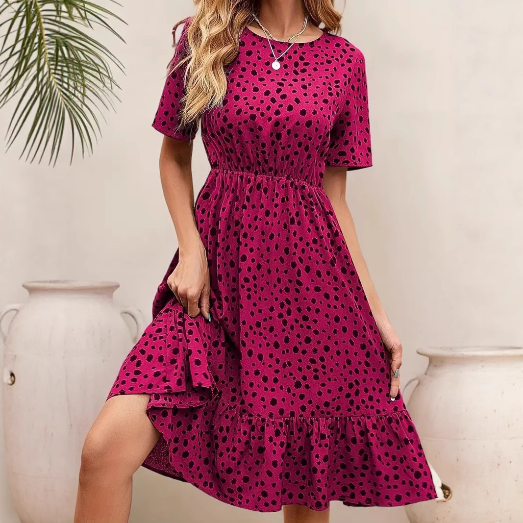 Womens Fashion Polka-Dot Crew-Neck Short-Sleeve Dress