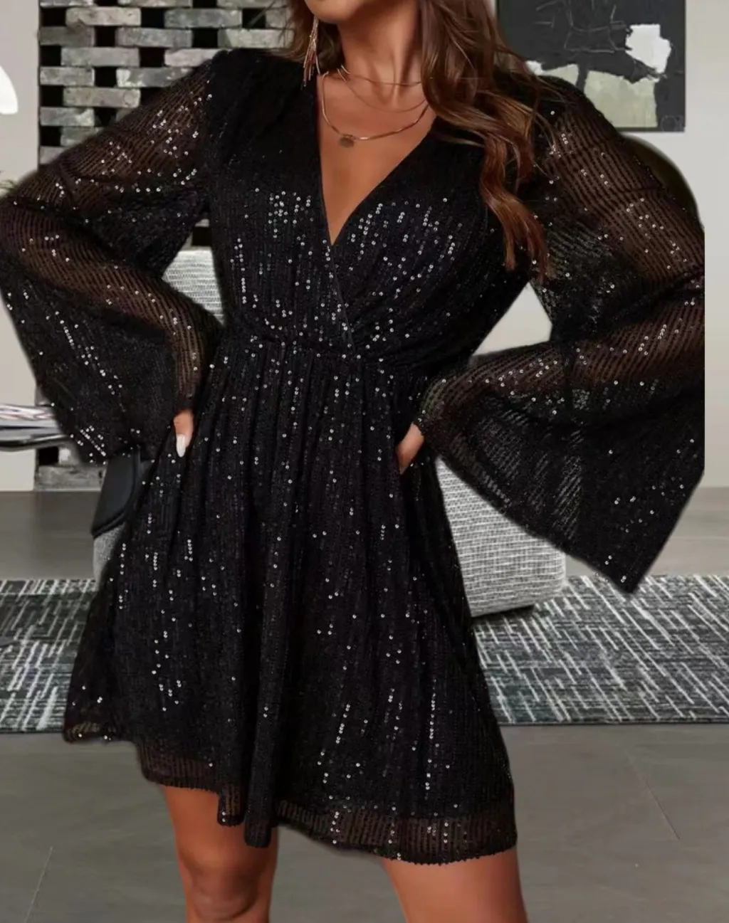 V-neck Sequin Waist Slimming Senior Party Evening Dress - Black