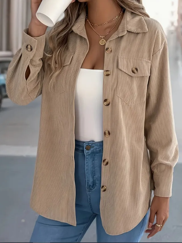European And American Corduroy Striped Mid length Coat Shirt Khaki - Shop at LoveMi