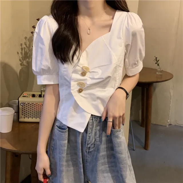 Irregular V neck Short White Shirt Design Sense Niche Summer Wear Puff Short Sleeve White - Shop at LoveMi
