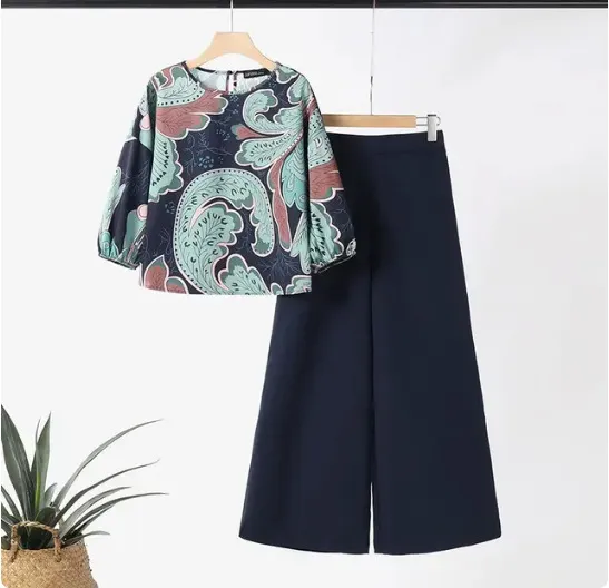 Summer Floral Print Top Wide Leg Pants Sportswear Fashion Loose Match Suit Black - Shop at LoveMi