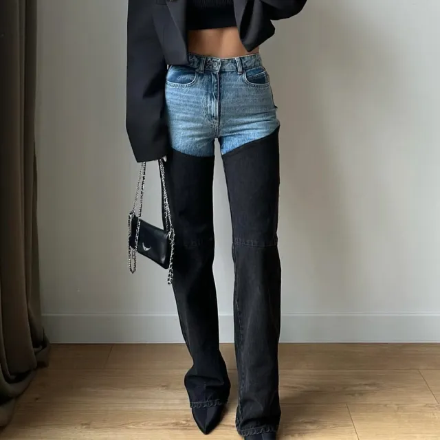 Spring Leisure Color Contrast Patchwork Straight Women's Worn Jeans Black - Shop at LoveMi