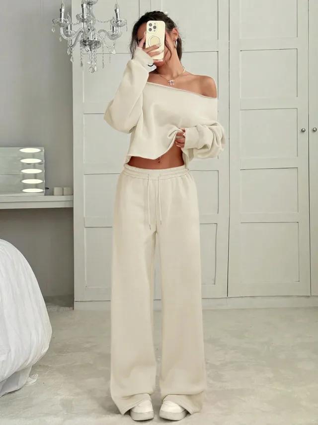 Autumn And Winter Casual Loose Round Neck Long sleeved Sweater Trousers Suit Beige - Shop at LoveMi