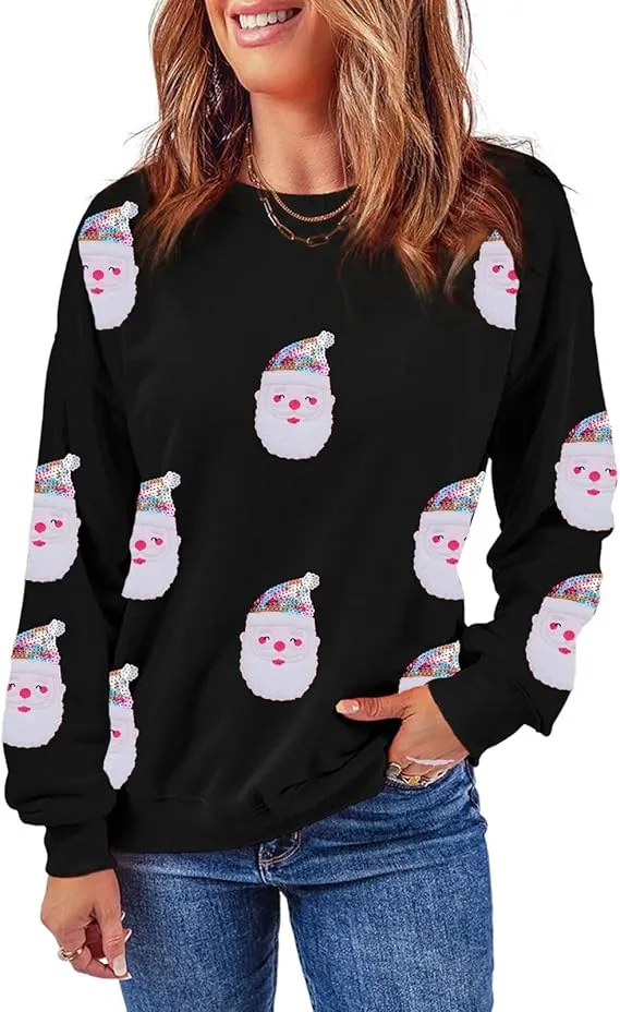 Santa Claus Sequins Festival Casual Long Sleeve Sweatshirt Little Black Santa Claus - Shop at LoveMi