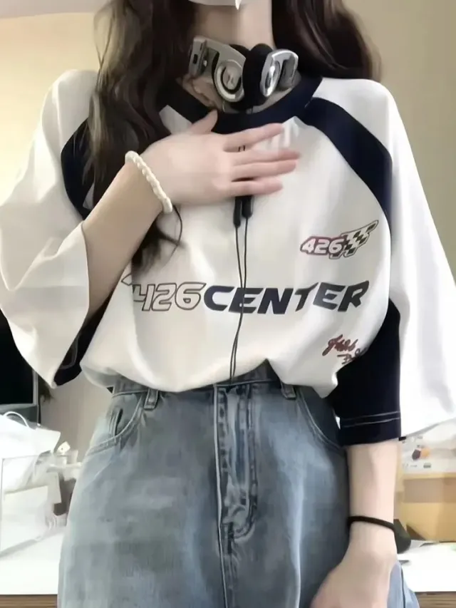 Retro High Street Short sleeved T shirt Loose Half sleeve Top White - Shop at LoveMi