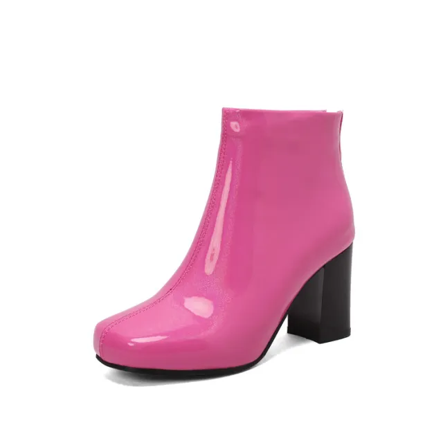 Women's Solid Color Ankle Boots Patent Leather High Heel Fashion Red - Shop at LoveMi