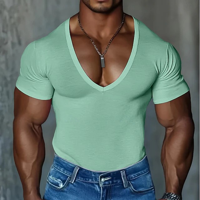 Mens Short-sleeve V-neck T-shirt Slim-fit Solid Color Casual