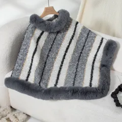 Cape Fur Collar Striped Knitted Shawl Sweater For Women - Gray - View 1