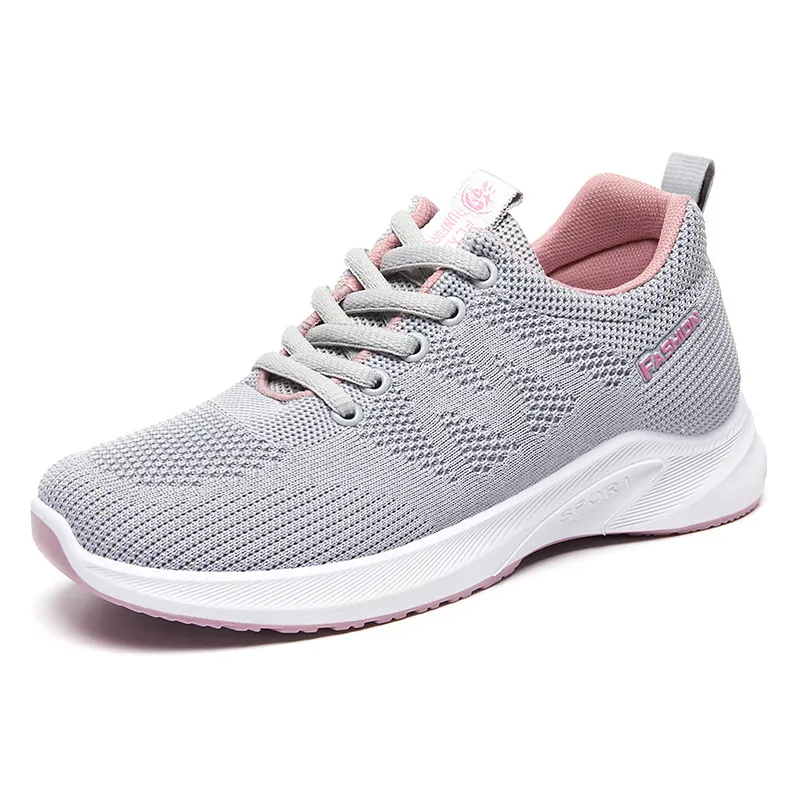 Breathable Fly Woven Mesh Running Shoes Women's Flat Soft Sole Sneakers - Gray