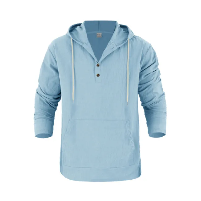Hooded Long sleeve Henley T shirt With Large Pockets Light Blue - Shop at LoveMi