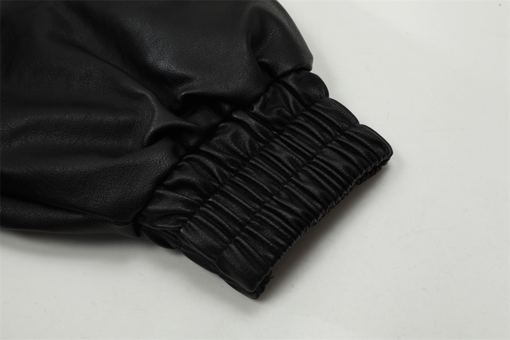 Flame Letter Flocking Embroidery Motorcycle PU Leather Jacket Men's Color Contrast Patchwork Fur Lapel Leather Coat