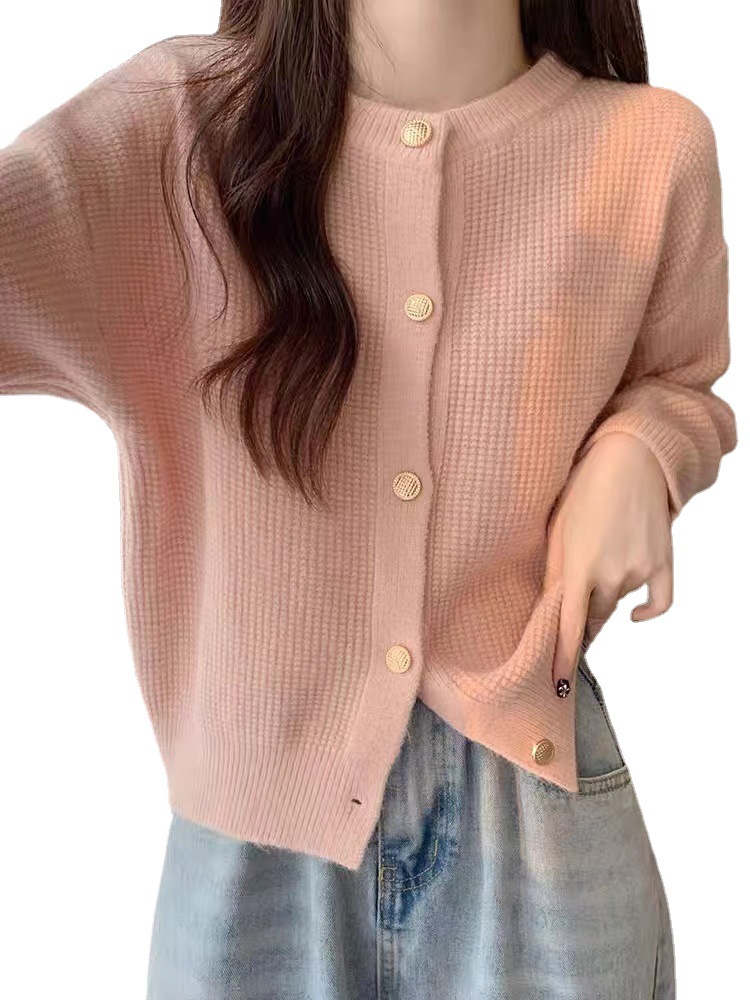 Fresh Round Neck Knitted Cardigan Spring And Autumn Design Younger Petite Top Candy Color Knitted Women's Coat