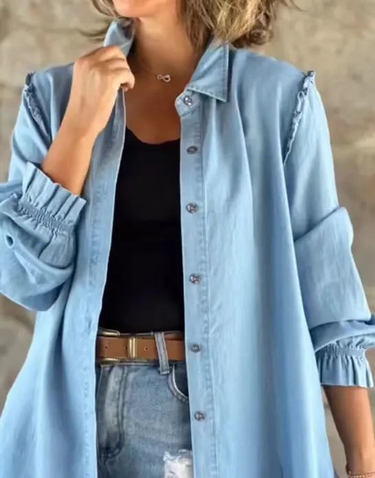 European And American Solid Color Loose Long Sleeves Shirt Blue - Shop at LoveMi