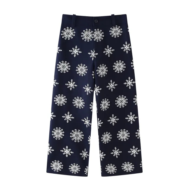 Color Block Embroidery Wide Leg Pants Casual Pants - Shop at LoveMi