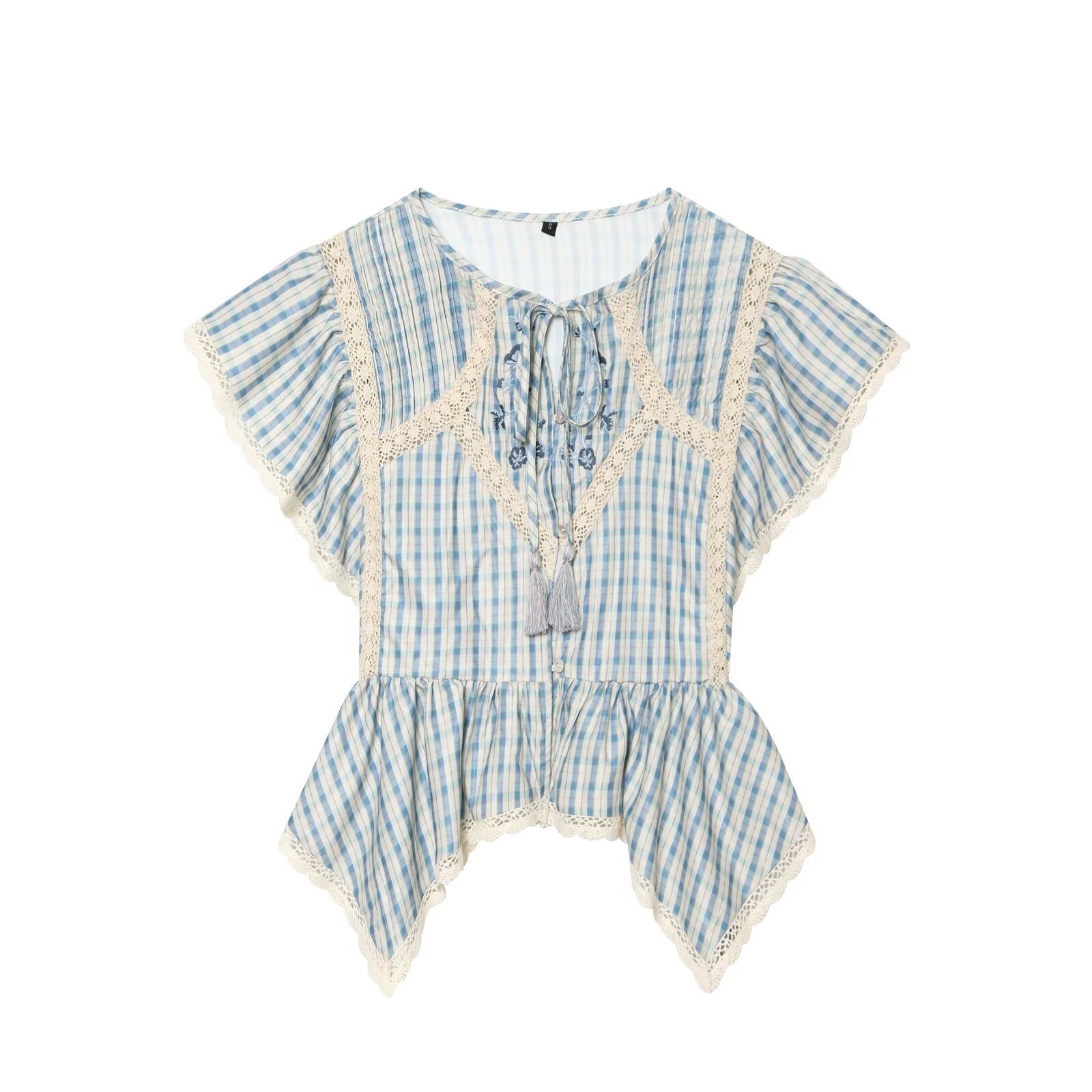 Womens Summer New Arrival Round-Neck Plaid Embroidered Hollow-Out Ruffle-Trim Top