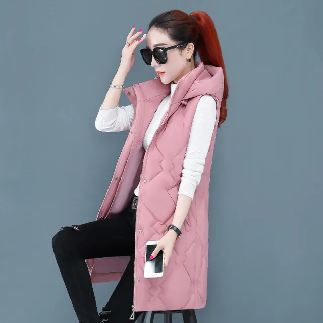 Autumn And Winter New Down Cotton Vest Women's Mid length Slim fit Cotton padded Jacket Vest Coat Pink - Shop at LoveMi
