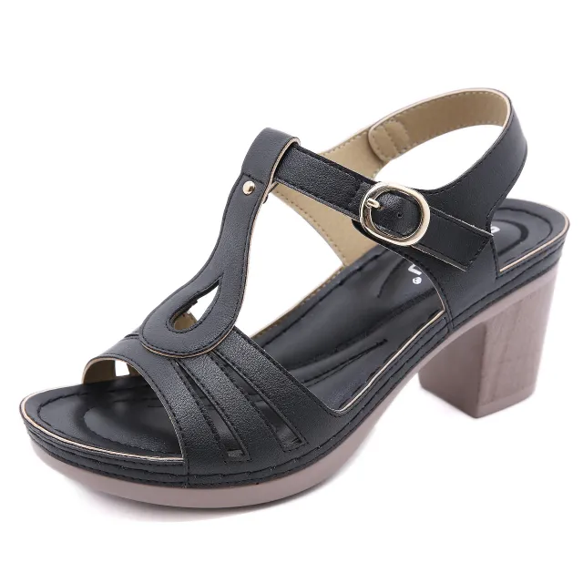 European And American Women's Metal Buckle Stitching Thick High Heel Comfortable Sandals Black - Shop at LoveMi