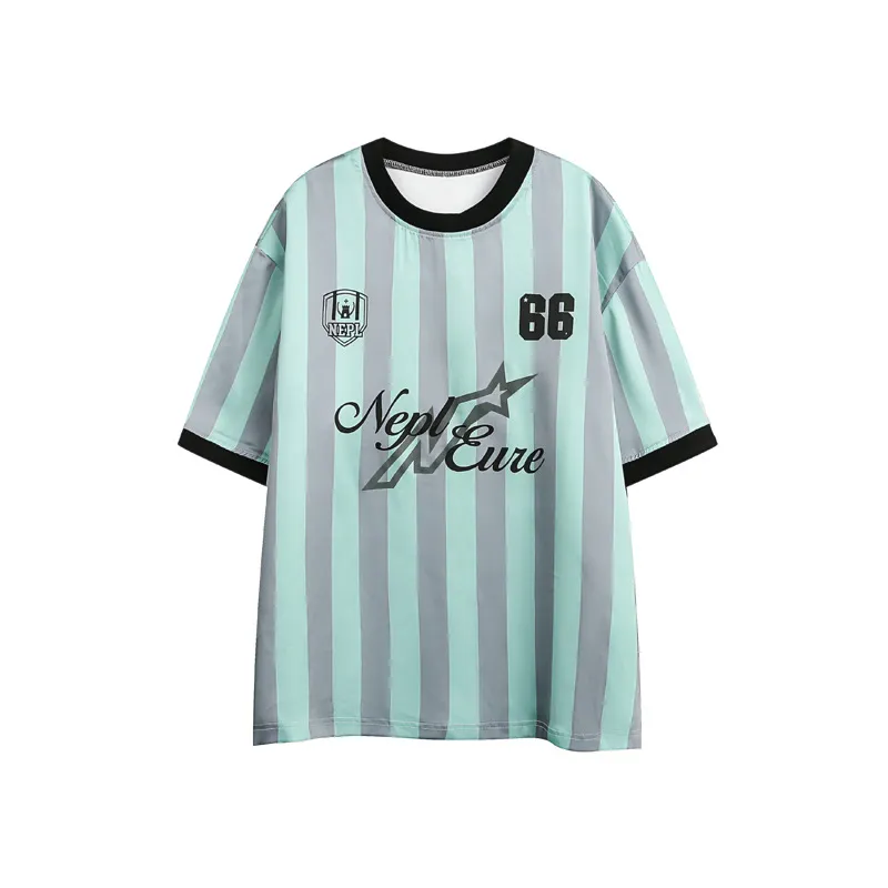 Vertical Stripes Contrast Stitching Short Sleeves Jersey Loose Half Sleeve T-shirt - Green