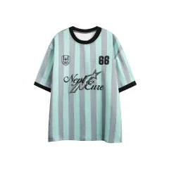 Vertical Stripes Contrast Stitching Short Sleeves Jersey Loose Half Sleeve T-shirt - Green - View 1