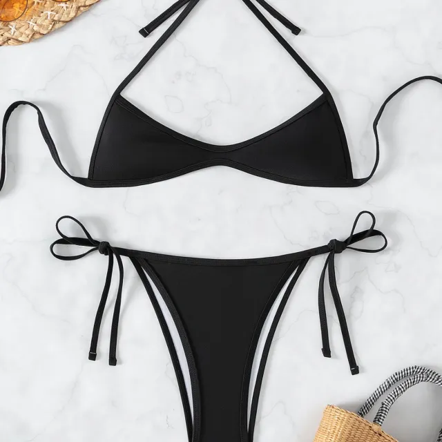Sexy Lace Up Halter Mini Pleated Triangle Bikini For The Beach Black - Shop at LoveMi