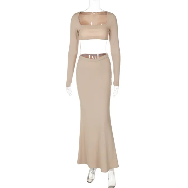 Solid Color Square Collar Short Top Fishtail Dress Two piece Suit Khaki - Shop at LoveMi