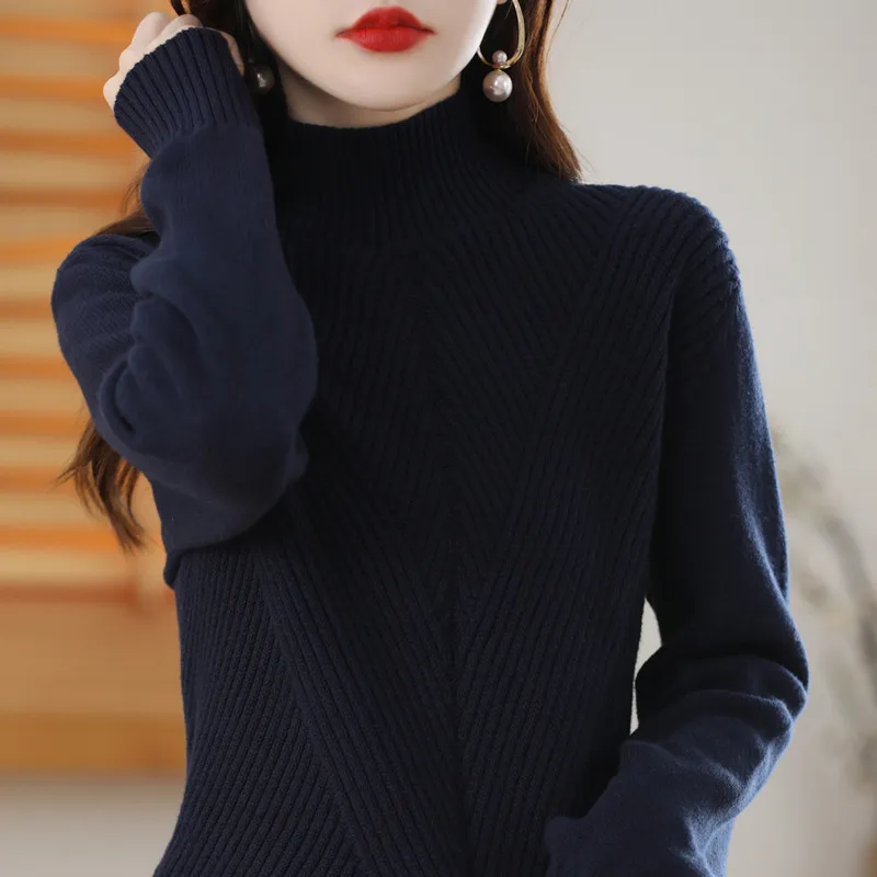 Women's Thickened Half-high Collar Cotton Long-sleeved Bottoming Sweater - Navy