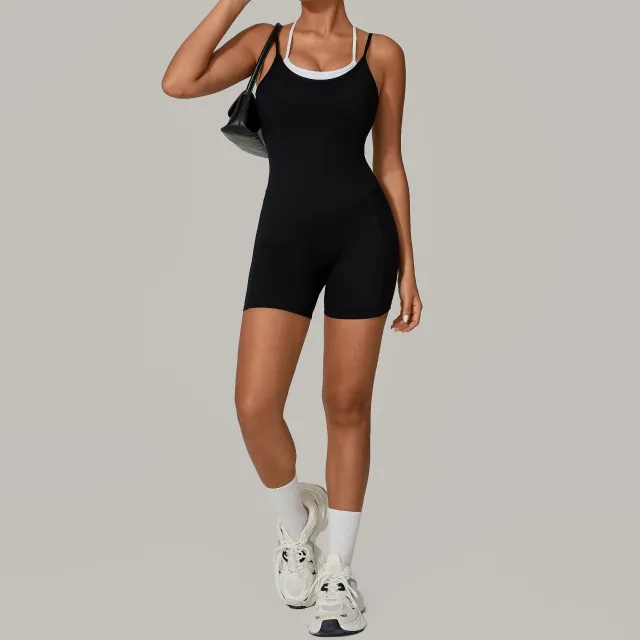 Autumn Sand Fake Two piece Contrast Color Sling Sports Jumpsuit Black - Shop at LoveMi