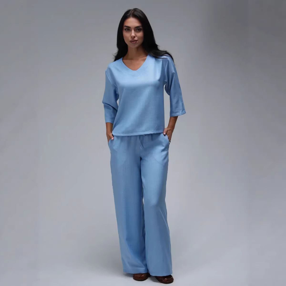 Womens Casual Two-Piece Set Fashionable Solid-Color Loose Cropped-Sleeve Wide-Leg Pants Suit