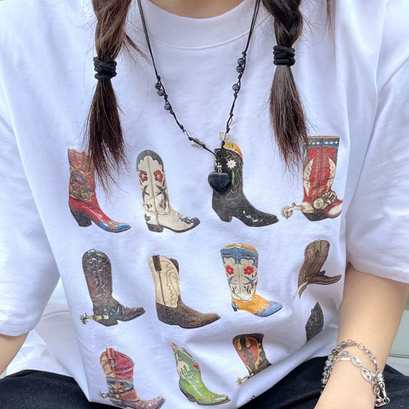T-Shirt Women Summer Loose Vintage Boho - White