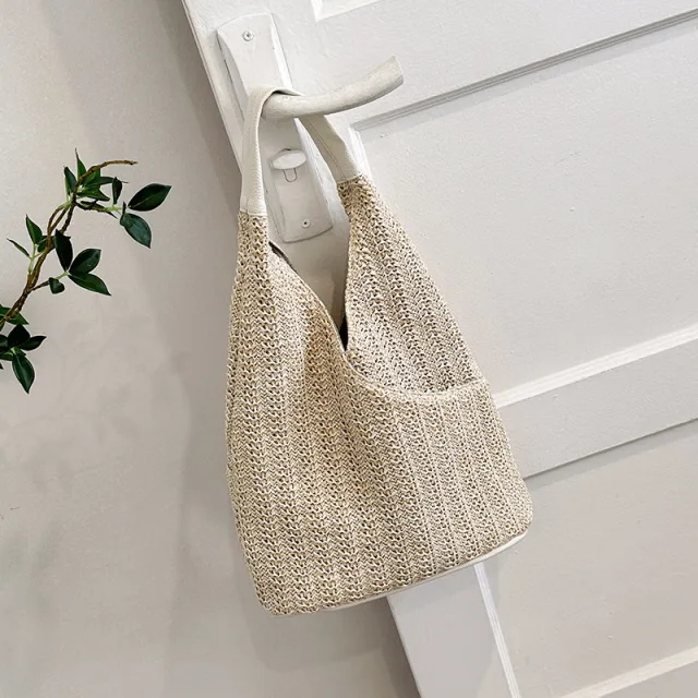 Large Capacity Commuter Summer Straw Woven Bag Women Beige - Shop at LoveMi