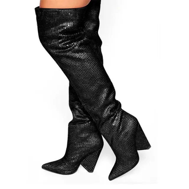 Pointed Tapered Heel Wedge Starry Rhinestone Plus Size Below The Knee Boots Red - Shop at LoveMi