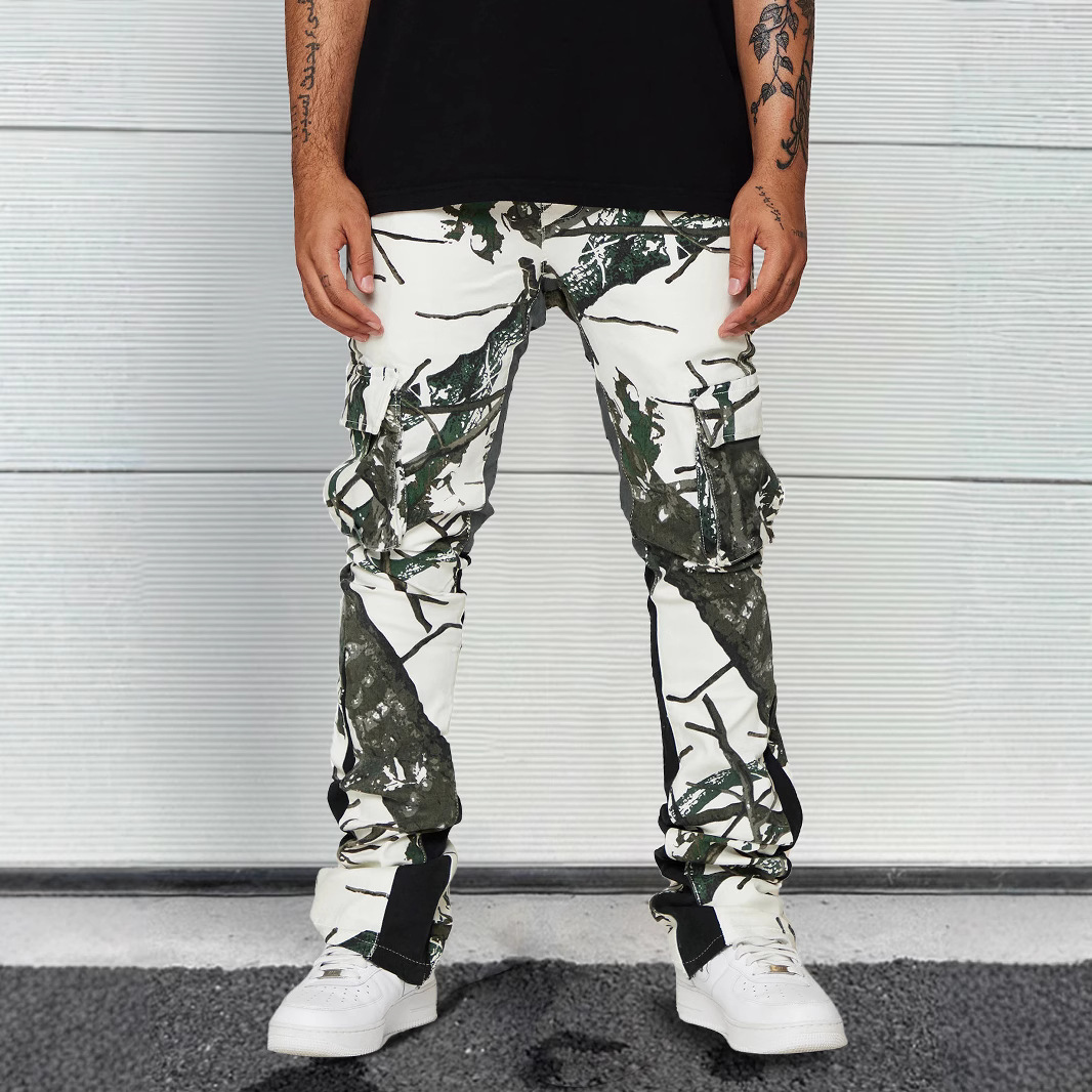 High-street Relaxed-fit Casual Straight-leg Pants With A Leaf And Camouflage Print