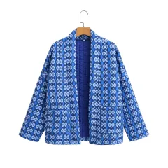 Elegant Printed Women's Cotton-padded Clothing Coat - Floral Jacket Blue - View 1