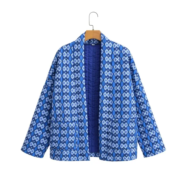 Elegant Printed Women's Cotton padded Clothing Coat Floral Jacket Blue - Shop at LoveMi