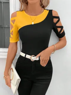 Colour Matching Cross Off-the-shoulder Slim Top For Women - Black - View 1