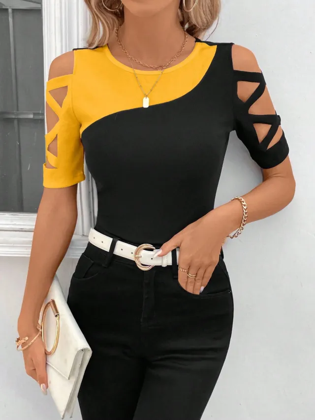 Color Matching Cross Off the shoulder Slim Top For Women Black - Shop at LoveMi